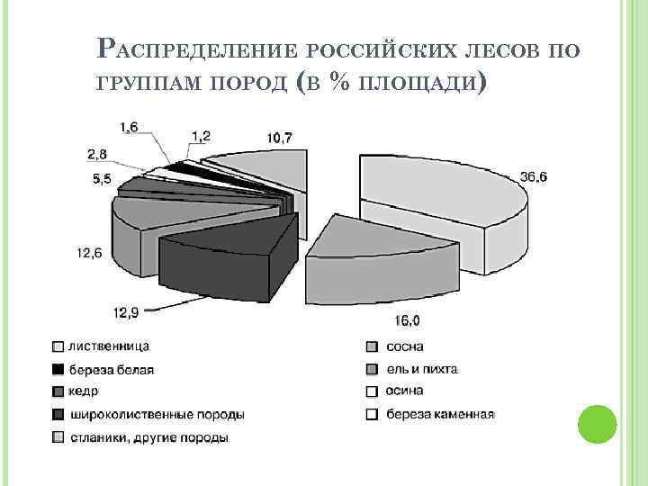 РАСПРЕДЕЛЕНИЕ РОССИЙСКИХ ЛЕСОВ ПО ГРУППАМ ПОРОД (В % ПЛОЩАДИ) 