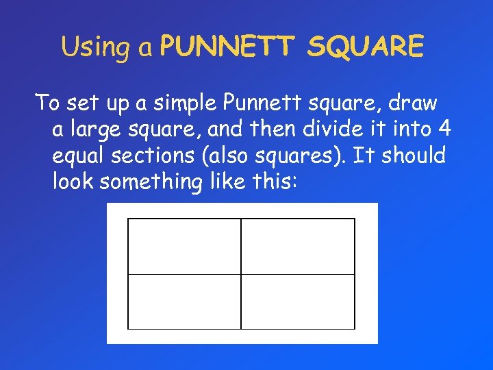 Using a PUNNETT SQUARE To set up a simple Punnett square, draw a large