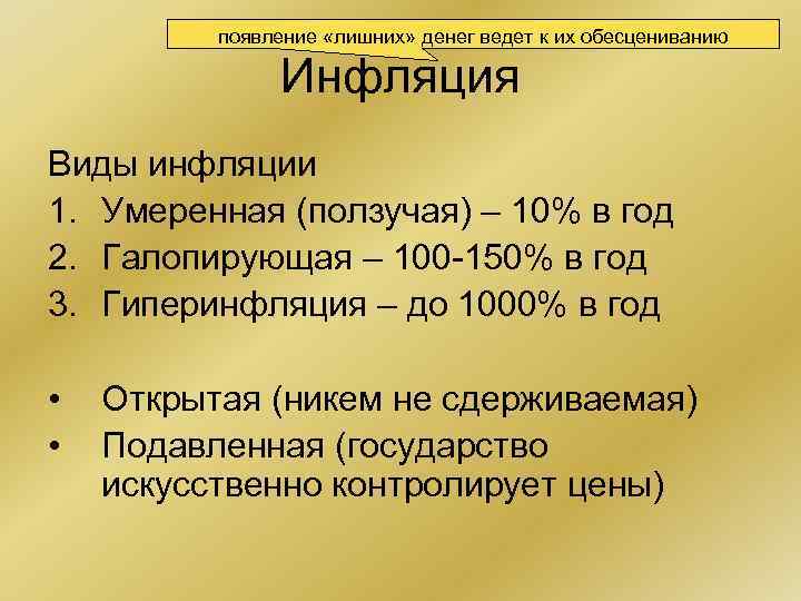 появление «лишних» денег ведет к их обесцениванию Инфляция Виды инфляции 1. Умеренная (ползучая) –