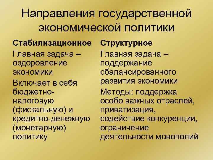 Направления государственной экономической политики Стабилизационное Главная задача – оздоровление экономики Включает в себя бюджетноналоговую