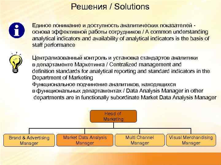 Решения / Solutions Единое понимание и доступность аналитических показателей основа эффективной работы сотрудников /