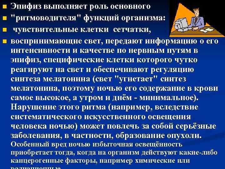 n n Эпифиз выполняет роль основного "ритмоводителя" функций организма: чувствительные клетки сетчатки, воспринимающие свет,