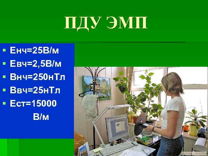 ПДУ ЭМП § Енч=25 В/м § Евч=2, 5 В/м § Внч=250 н. Тл §