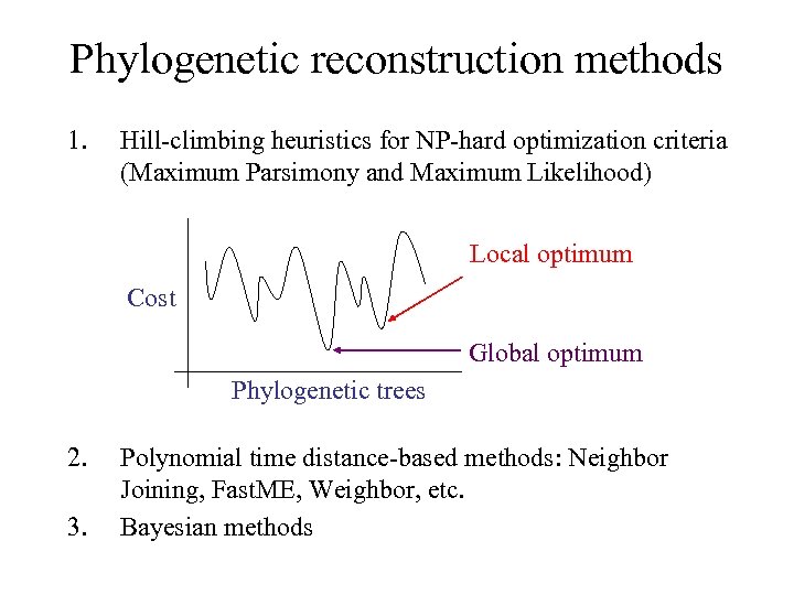 Phylogenetic reconstruction methods 1. Hill-climbing heuristics for NP-hard optimization criteria (Maximum Parsimony and Maximum