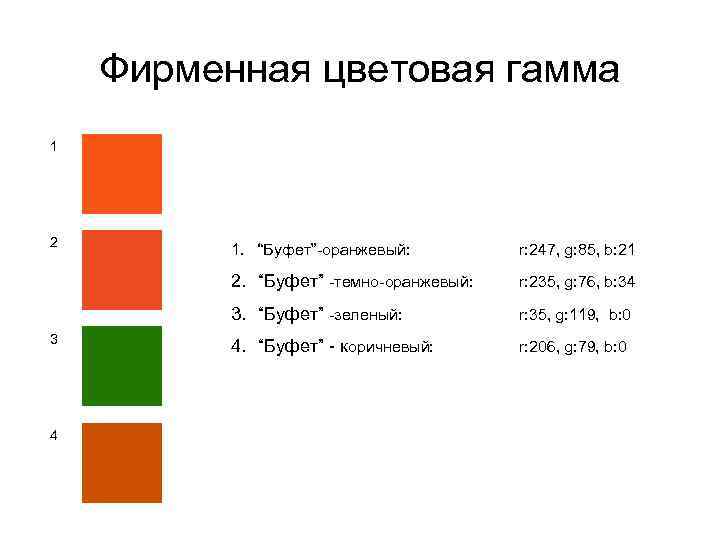 Фирменная цветовая гамма 1 2 r: 235, g: 76, b: 34 3. “Буфет” -зеленый: