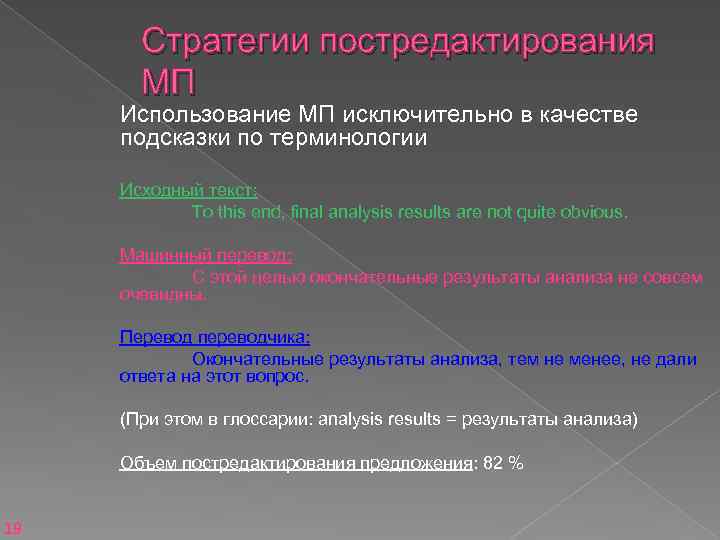 Стратегии постредактирования МП Использование МП исключительно в качестве подсказки по терминологии Исходный текст: To