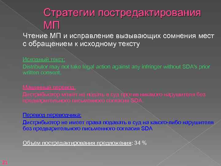 Стратегии постредактирования МП Чтение МП и исправление вызывающих сомнения мест с обращением к исходному