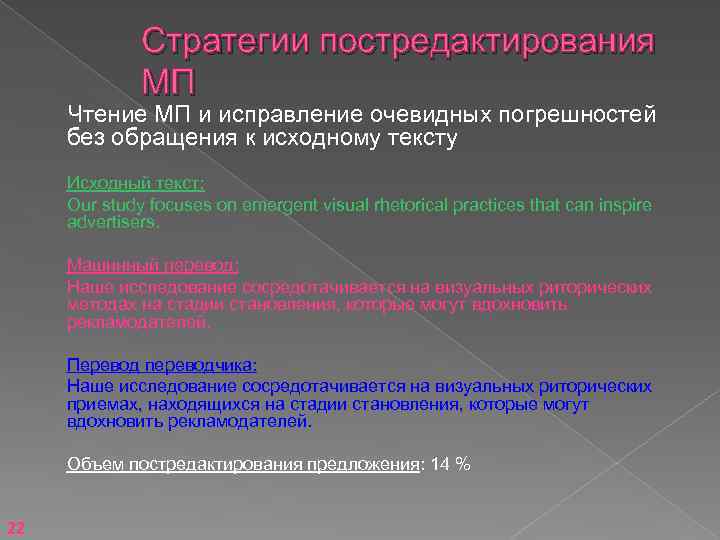 Стратегии постредактирования МП Чтение МП и исправление очевидных погрешностей без обращения к исходному тексту