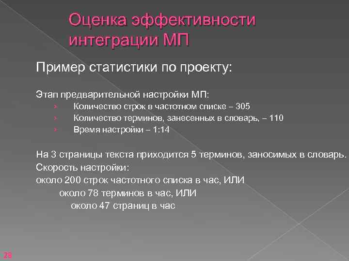 Оценка эффективности интеграции МП Пример статистики по проекту: Этап предварительной настройки МП: › ›