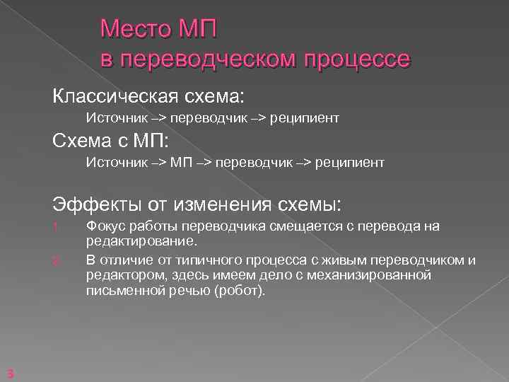 Место МП в переводческом процессе Классическая схема: Источник –> переводчик –> реципиент Схема с