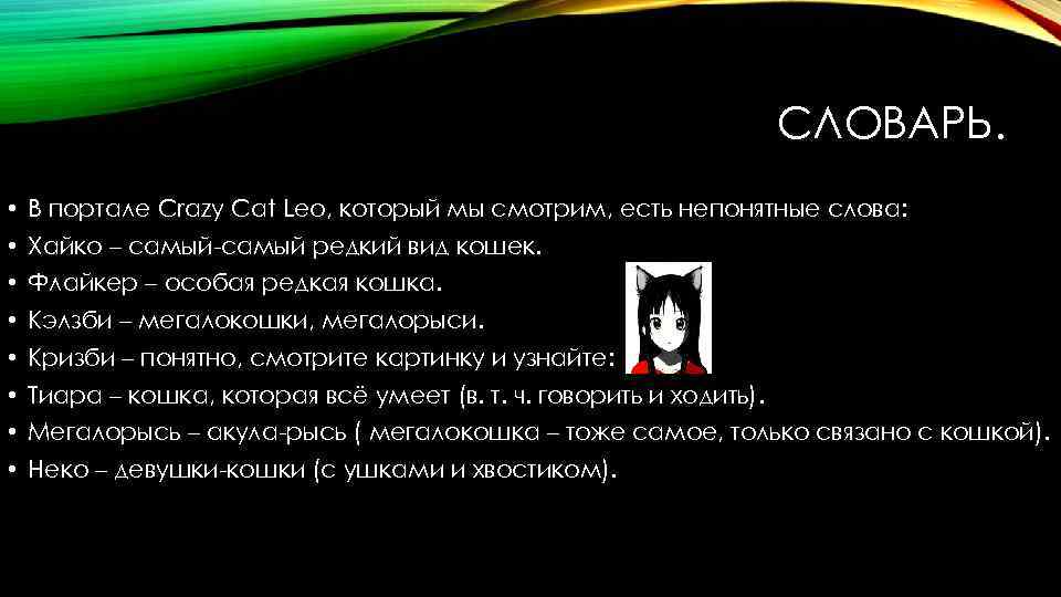 СЛОВАРЬ. • В портале Crazy Cat Leo, который мы смотрим, есть непонятные слова: •