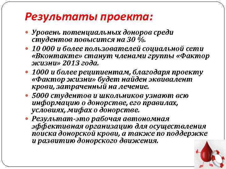 Результаты проекта: Уровень потенциальных доноров среди студентов повысится на 30 %. 10 000 и