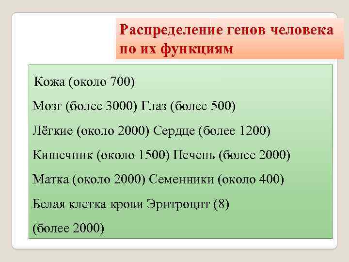 Распределение генов человека по их функциям Кожа (около 700) Мозг (более 3000) Глаз (более