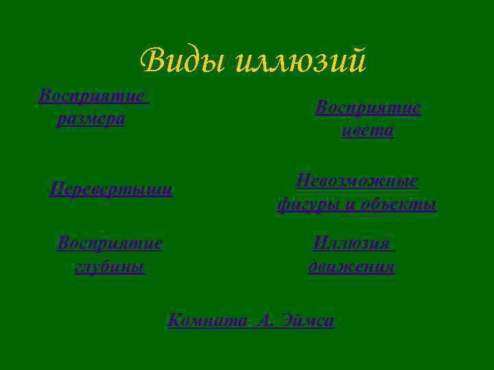 Виды иллюзий Восприятие размера Восприятие цвета Перевертыши Невозможные фигуры и объекты Восприятие глубины Иллюзия