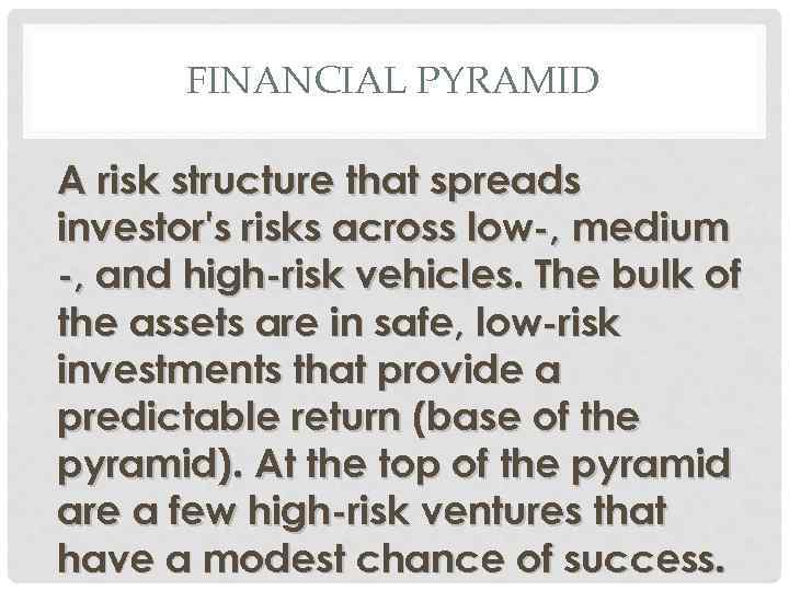 FINANCIAL PYRAMID A risk structure that spreads investor's risks across low-, medium -, and