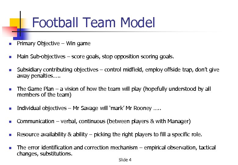 Football Team Model n Primary Objective – Win game n Main Sub-objectives – score
