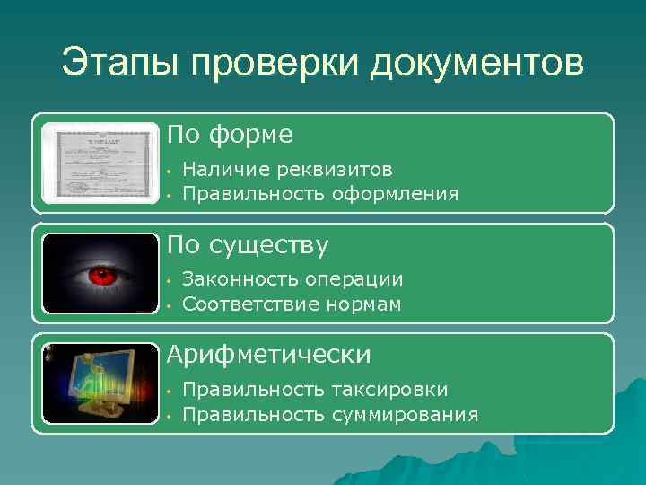 Этапы проверки документов По форме • • Наличие реквизитов Правильность оформления По существу •