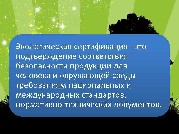 Экологическая сертификация - это подтверждение соответствия безопасности продукции для человека и окружающей среды требованиям