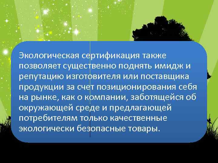 Экологическая сертификация также позволяет существенно поднять имидж и репутацию изготовителя или поставщика продукции за