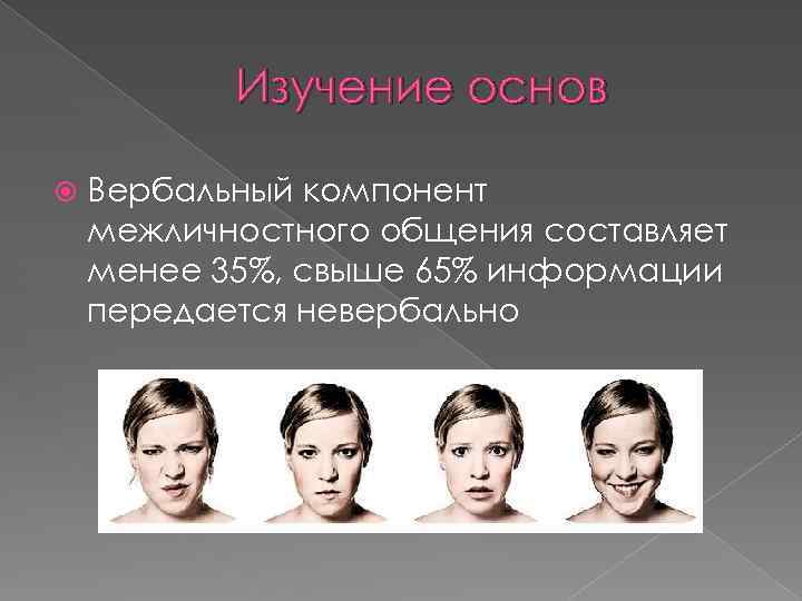 Изучение основ Вербальный компонент межличностного общения составляет менее 35%, свыше 65% информации передается невербально