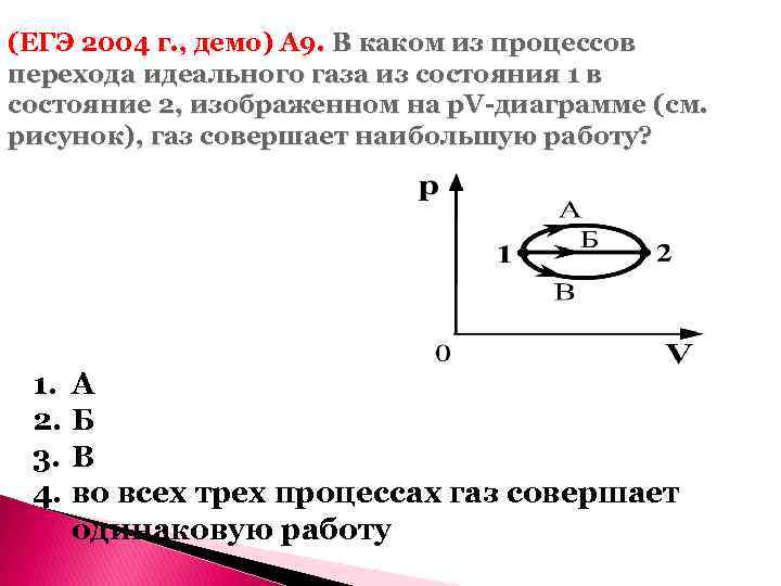 (ЕГЭ 2004 г. , демо) А 9. В каком из процессов перехода идеального газа