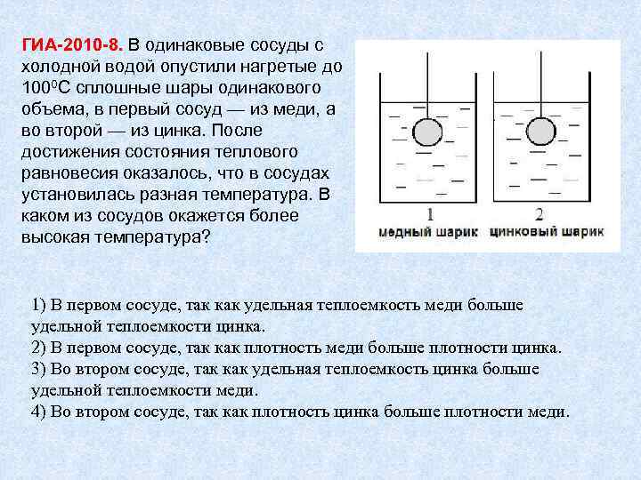 ГИА-2010 -8. В одинаковые сосуды с холодной водой опустили нагретые до 1000 С сплошные