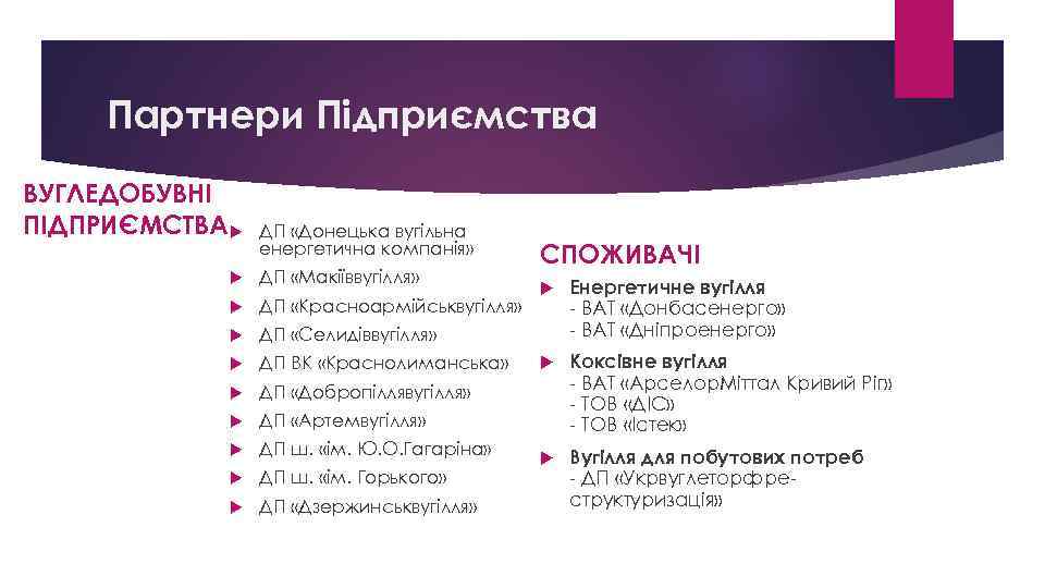 Партнери Підприємства ВУГЛЕДОБУВНІ ПІДПРИЄМСТВА ДП «Донецька вугільна енергетична компанія» ДП «Макіїввугілля» ДП «Красноармійськвугілля» ДП