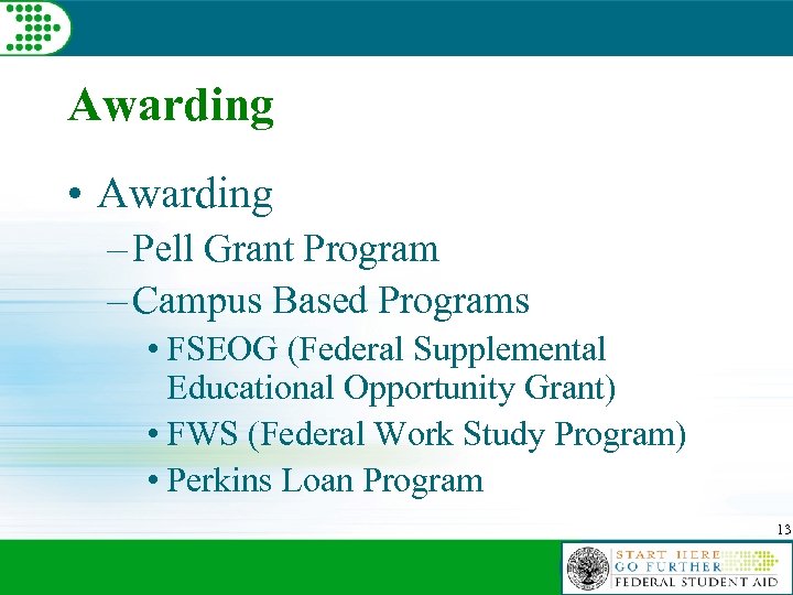 Awarding • Awarding – Pell Grant Program – Campus Based Programs • FSEOG (Federal