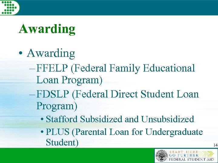 Awarding • Awarding – FFELP (Federal Family Educational Loan Program) – FDSLP (Federal Direct
