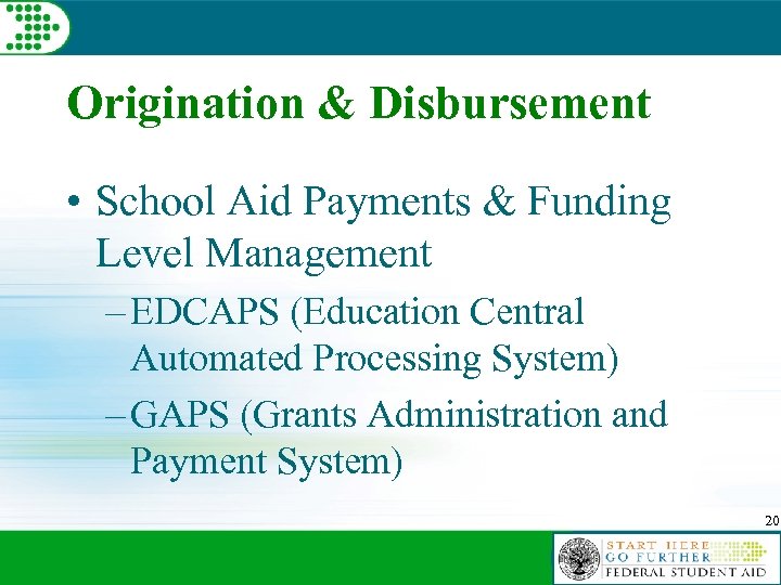 Origination & Disbursement • School Aid Payments & Funding Level Management – EDCAPS (Education