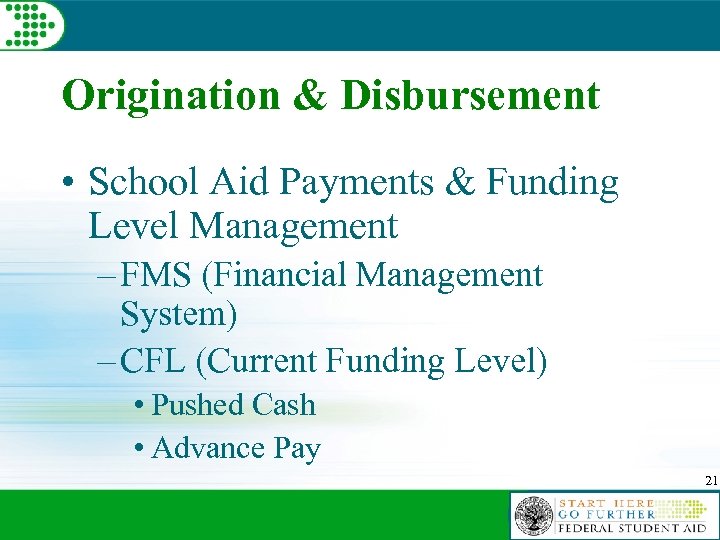 Origination & Disbursement • School Aid Payments & Funding Level Management – FMS (Financial