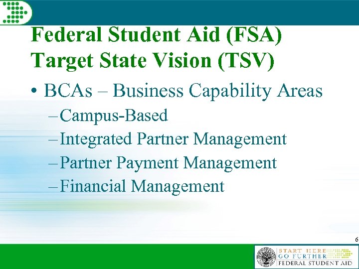 Federal Student Aid (FSA) Target State Vision (TSV) • BCAs – Business Capability Areas