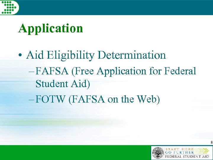 Application • Aid Eligibility Determination – FAFSA (Free Application for Federal Student Aid) –