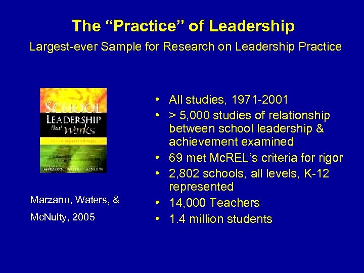 The “Practice” of Leadership Largest-ever Sample for Research on Leadership Practice Marzano, Waters, &