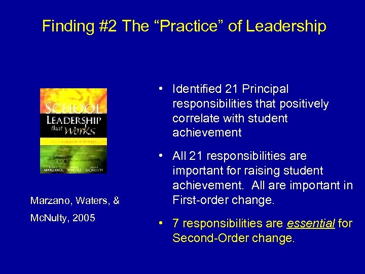 Finding #2 The “Practice” of Leadership • Identified 21 Principal responsibilities that positively correlate