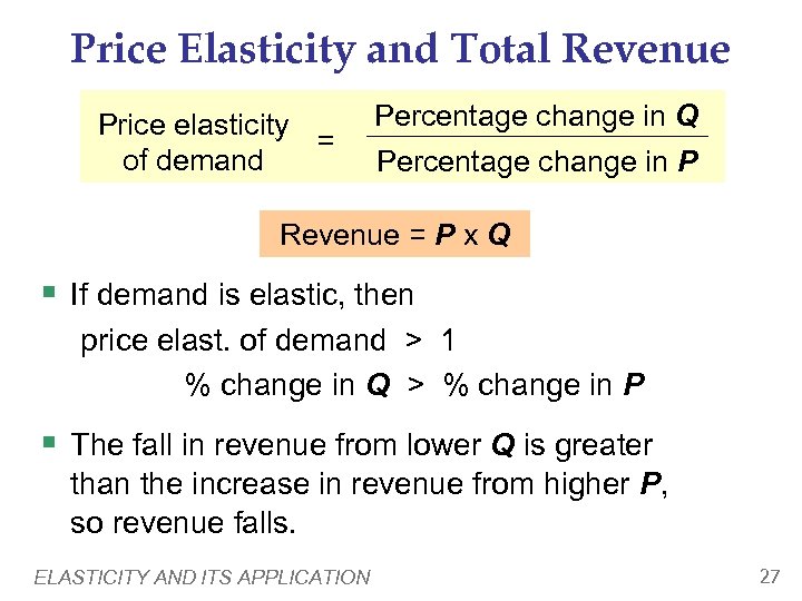 Price Elasticity and Total Revenue Price elasticity = of demand Percentage change in Q