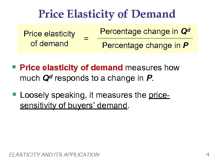 Price Elasticity of Demand Price elasticity of demand = Percentage change in Qd Percentage