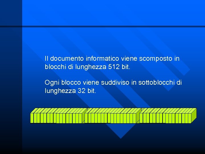 Il documento informatico viene scomposto in blocchi di lunghezza 512 bit. Ogni blocco viene