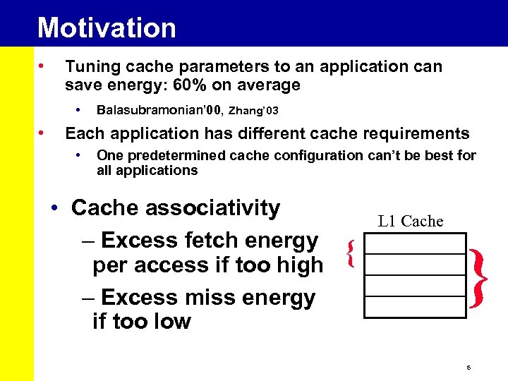 Motivation • Tuning cache parameters to an application can save energy: 60% on average