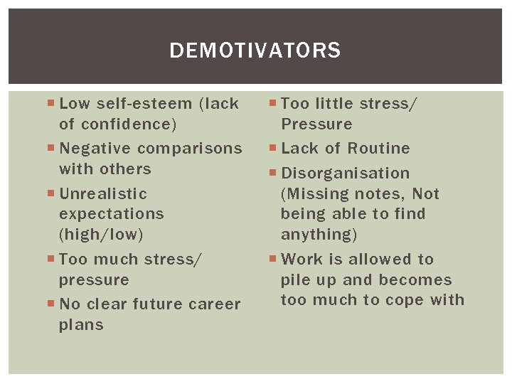 DEMOTIVATORS Low self-esteem (lack of confidence) Negative comparisons with others Unrealistic expectations (high/low) Too