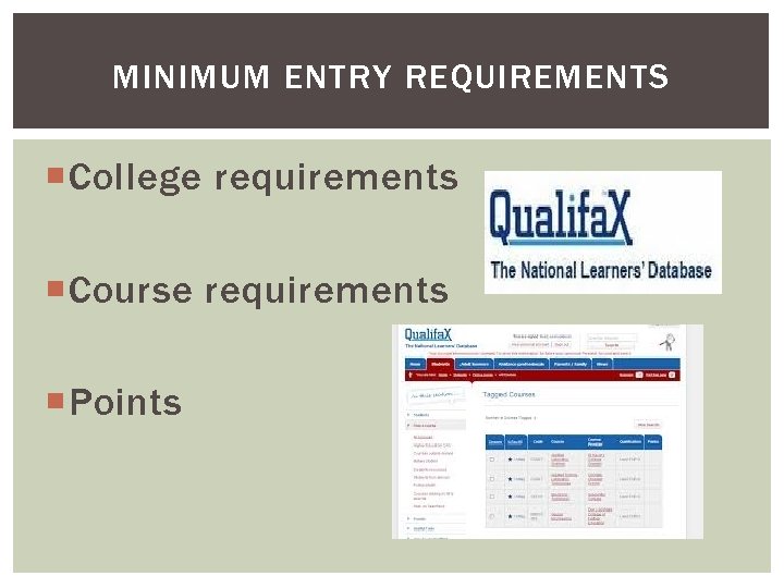 MINIMUM ENTRY REQUIREMENTS College requirements Course requirements Points 