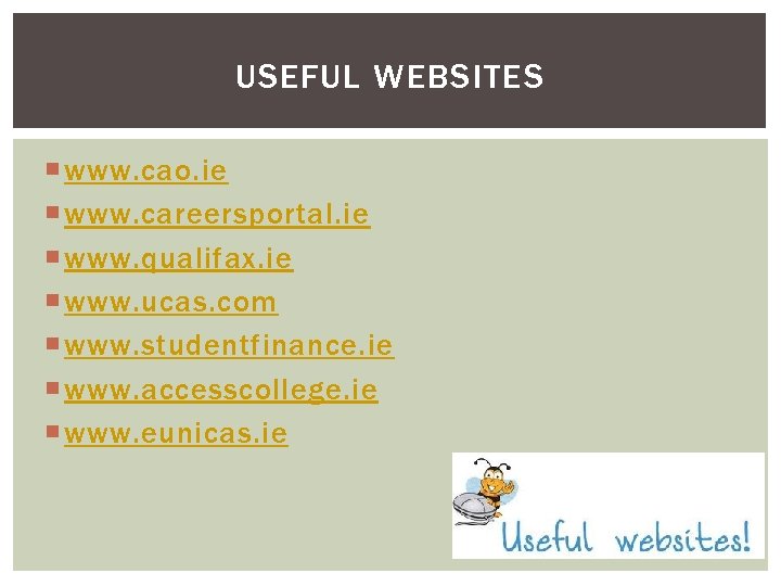USEFUL WEBSITES www. cao. ie www. careersportal. ie www. qualifax. ie www. ucas. com