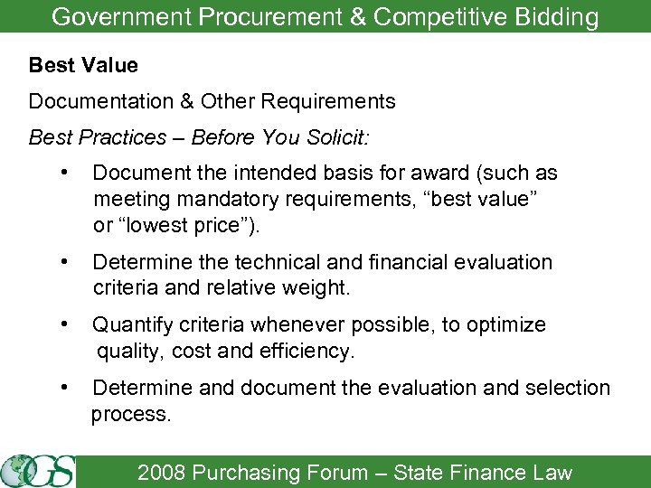Government Procurement & Competitive Bidding Best Value Documentation & Other Requirements Best Practices –