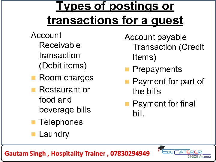 Types of postings or transactions for a guest Account Receivable transaction (Debit items) n