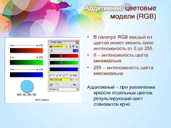  • В палитре RGB каждый из цветов может менять свою интенсивность от 0