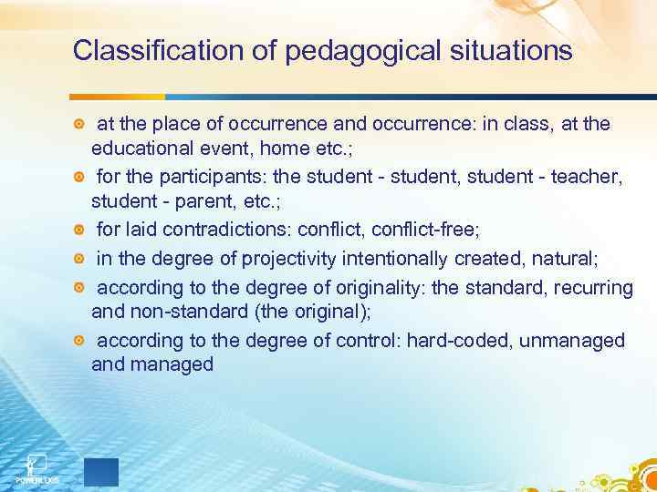 Classification of pedagogical situations at the place of occurrence and occurrence: in class, at