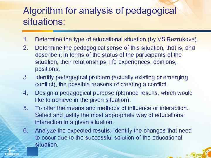 Algorithm for analysis of pedagogical situations: 1. 2. 3. 4. 5. 6. Determine the