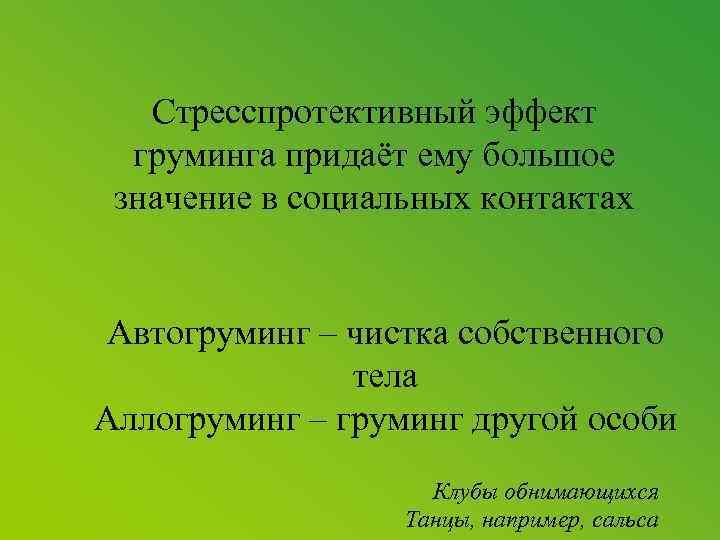 Стресспротективный эффект груминга придаёт ему большое значение в социальных контактах Автогруминг – чистка собственного