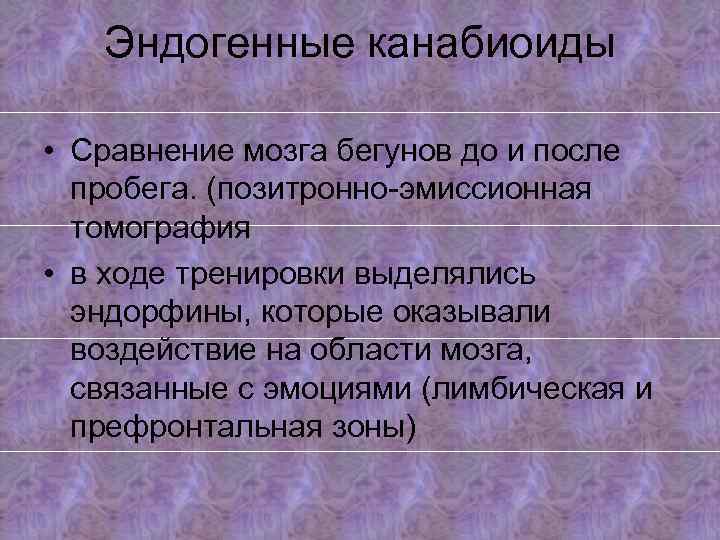 Эндогенные канабиоиды • Сравнение мозга бегунов до и после пробега. (позитронно-эмиссионная томография • в