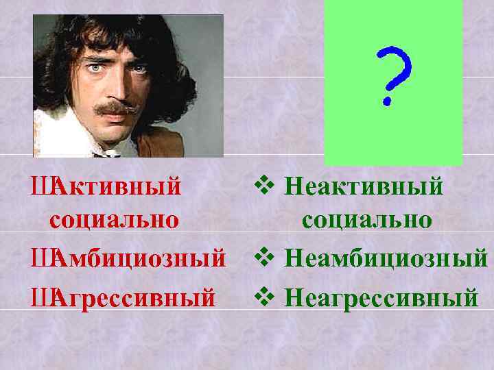 А Б Ш Активный v Неактивный социально Ш Амбициозный v Неамбициозный Ш Агрессивный v